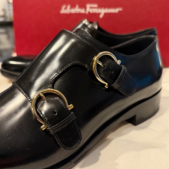 Ferragamo *NEW* Black Claude Double Monk Oxford Black Size 9CUS